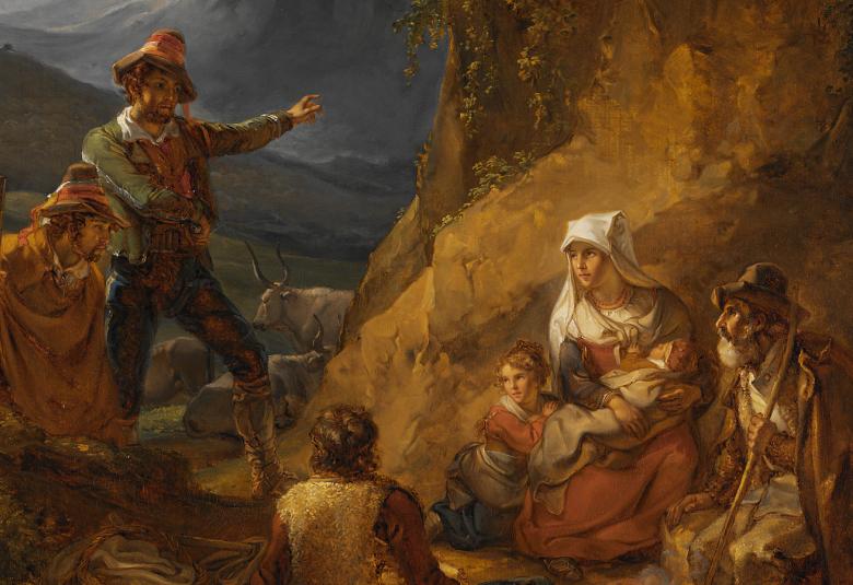 Kuva on tummahko ja siinä näkyy rosvohahmoja vasemmalla ja oikealla on paimenia luolassa. Rosvot ovat luolan suulla.  Taustalla näkyy vuoristoa.