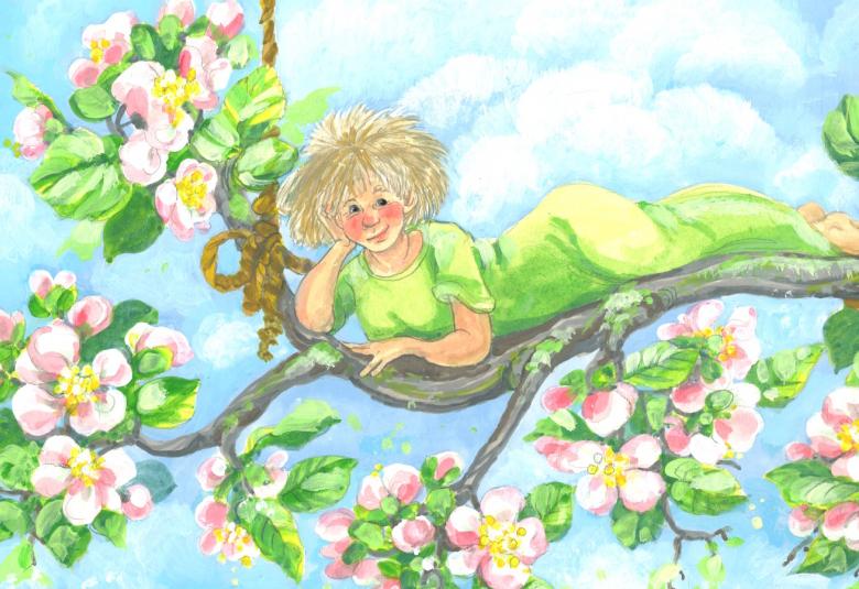Kuvassa on vaalea nuori nainen makaamassa kyljellään nojaten oikeaan käteensä kukkivan omenapuun oksalla. Taust on vaalean sinisen möykkypilvinen ja naisella on vaalean vihreä tiukka puku päällään.
