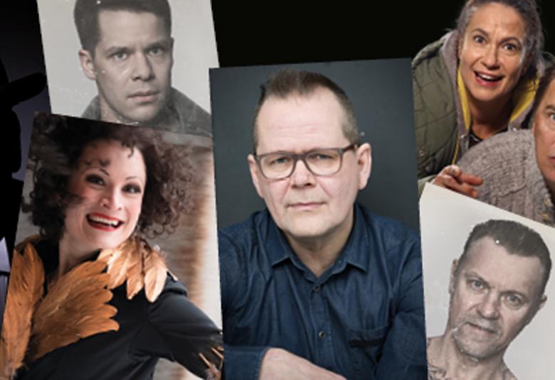 Kuvassa on kollaasina eri nayttelijöiden, Kari Hotakaisen ja ohjaajien kuvia. Kuvassa on seitsemän pientä kuvaa. 