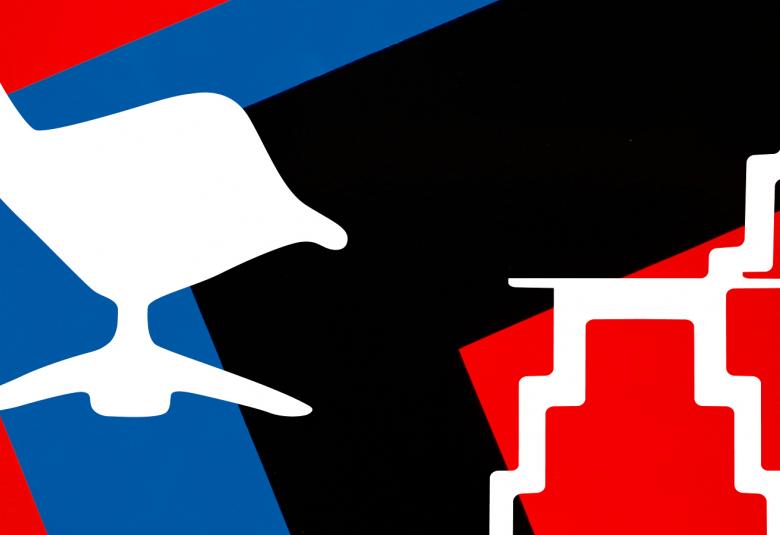 Kuvassa on Lars-Gunnar Nordströmin Sommitelma-teoksesta yksityiskohta.  Kuvassa on on kuvioita, joiden värit ovat punainen, sininen, valkoinen ja musta.