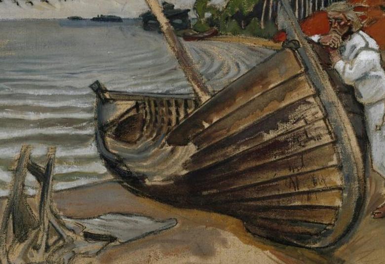 Kuvassa on Gallen-Kallelan ruskeasävyinen maalaus, jossa Joukahainen työtää oikealta puolelta isoa venettä vesille.