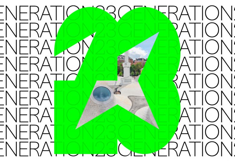 Kuvassa on valkoisella pohjalla isoin mustin kirjaimin generation 2023 monessa rivissä.  Keskellä on vaalean vihreällä 23 ja sen keskellä on tähden muotoisessa kohdessa kuvaa Amos Rexin pihalta.