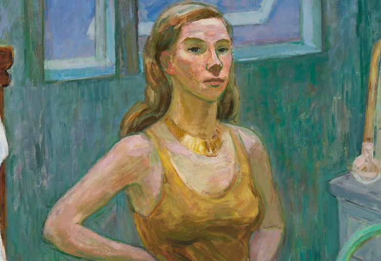 Kuvassa on Tove Janssonin omakuva, jossa hän seisoo huoneessaan kädet lanteilla hihattomassa vaalean ruskeassa puserossa.  Taustalla on yläikkuna ja turkoosia seinää.