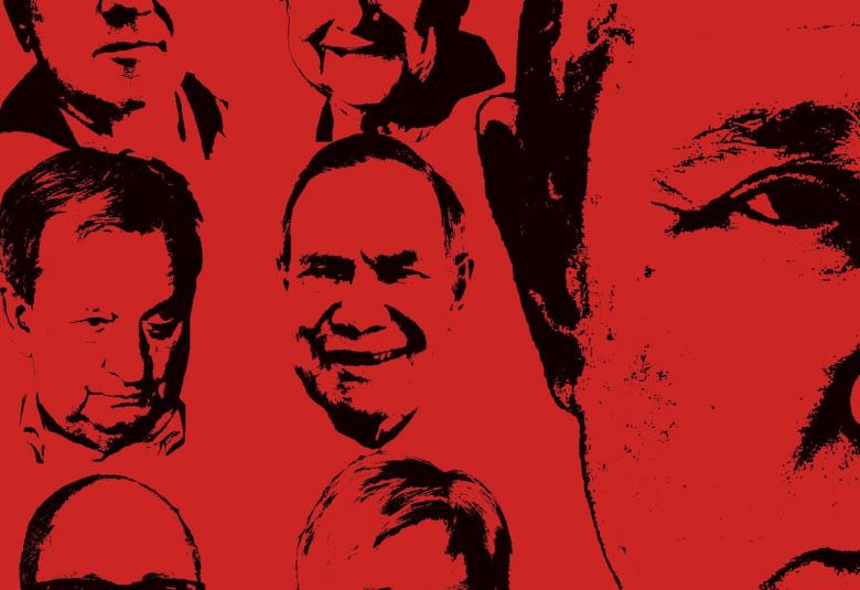Kuvassa on punaisella pohjalla osa Putinin kasvoista ja vieressä vasemmalla pieninä Hjallis Harkimon ja Paavo Lipposen kasvot.