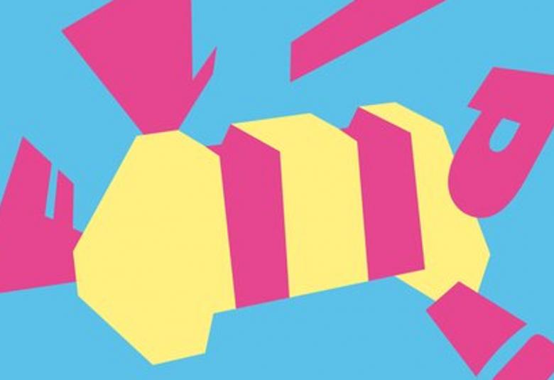 Kuvassa on turkoosilla pohjalla keskellä keltainen betoniporsaan muotoinen esine, jossa on kaksi leveää pinkkiä raitaa keskellä ja ympärillä on kuutiomaisia pinkkejä läiskiä.