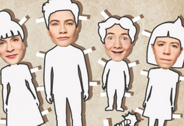 Kuvassa on neljä perheenjäsentä paperinukkeina valkoisina vaalean ruskealla pohjalla. Paperinukeilla on näyttelijöiden kasvot.