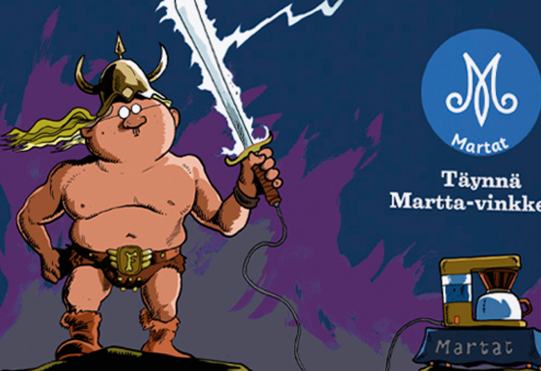 Kuvassa on osa kirjan kannesta. Kuvassa on Obelixin näköinen hahmo, joka pitää kädessää miekkaa ja jolla on paksu vyö vyötäröllään.  Kuvassa on oikealla Marttojen merkki ja teksti Täynnä Martta-vinkkejä ja sen alla kahvinkeitin.