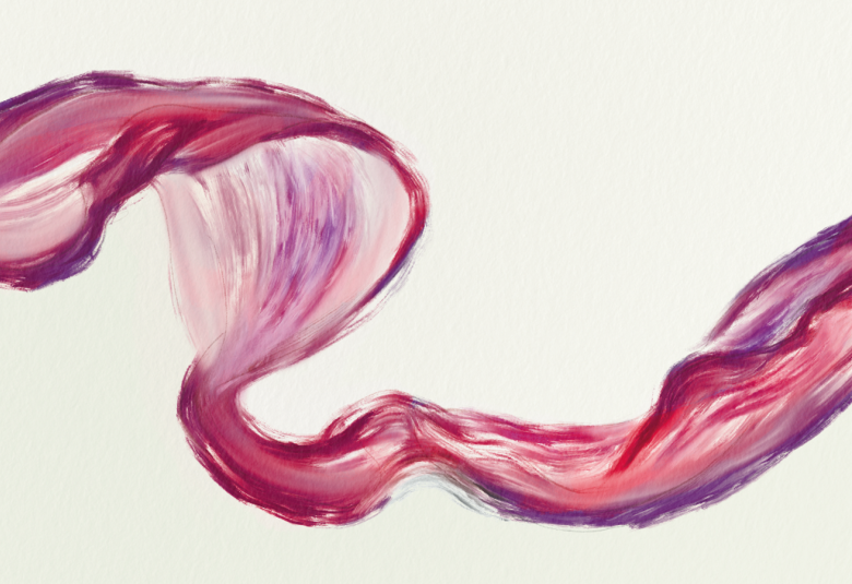 Kuvassa on vaalean vihreällä pohjalla punainen nauhamainen epätasainen kuvio koko pinnan yli.