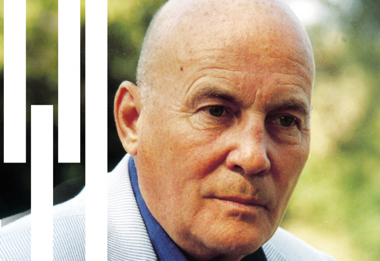 Kuvassa on Hans Werner Henzenin kasvokuva ja vasemmalla on valkoisia palkkeja.