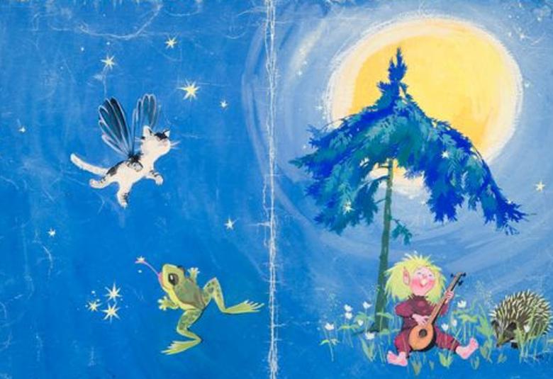 Kuvassa on sininen tausta ja siinä tepastelee Tiitiäisen hahmo sinisen kuusen alla soittaen luuttua ja takana lentelee lintu sekä pomppii sammakko. Oikealla paistaa iso kuu.