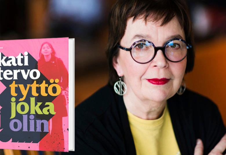 Kuvassa on oikealla Kati Tervo kasvokuvassa.  Hänellä on mustat hiukset ja tummasankaiset silmälasit. Vasemmalla on kirjan kansi, jossa on eri värillä suurin kirjaimin Tyttö joka olin.