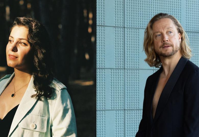 Kuvassa on vasemmalla Katie Melua vaaleassa jakussa ja mustassa t-paidassa. Hänellä on pitkät, tummat hiukset. Tausta on tumma.  Oikealla on Samu Haber ja hänellä on mustat farkut ja t-paita.  Tausta on vaalean harmaa.