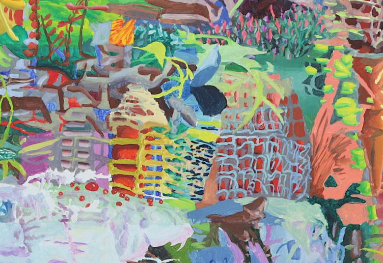 Kuvassa on täynnä raikkaita värejä ja koko pinta on täynnä lehtimäisiä kuvioita runsaana.