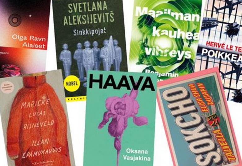 Kuvassa on seitsemän käännöskirjan kannet kahdessä rivissä.