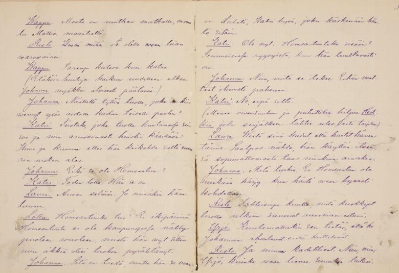 Kuvassa on vaalean ruskealla paperilla Minna Canthin käsikirjoitusta.