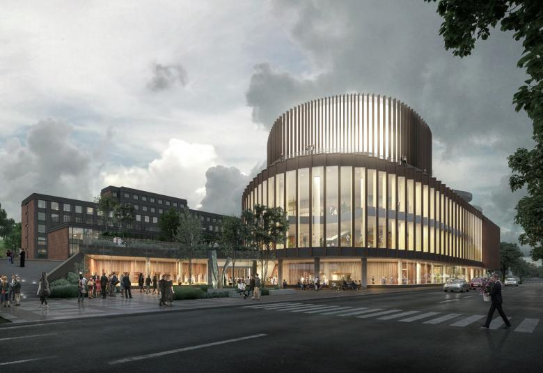 Kuvassa on havainnekuva Turun musiikkitalosta, jossa on yläosassa kupolia. Kupolin alla on leveästi säleiköllä koristeltu osa varsinaisen rakennuksen yläpuolella.  