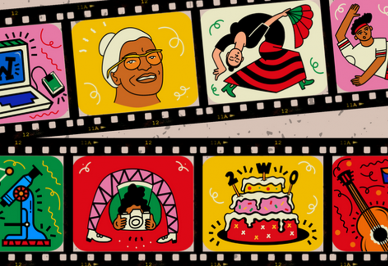 Kuvassa on kahdessa rivissä vinosti filminauhaa ja siinä piirroskuvia, joissa on ihmisiä ja eläimiä ja mm. täytekakku esitettynä hieman naivistisella tyylillä.