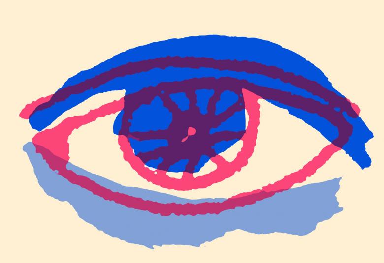 Kuvassa on keltaisella pohjalla sininen iso maalattu silmä.