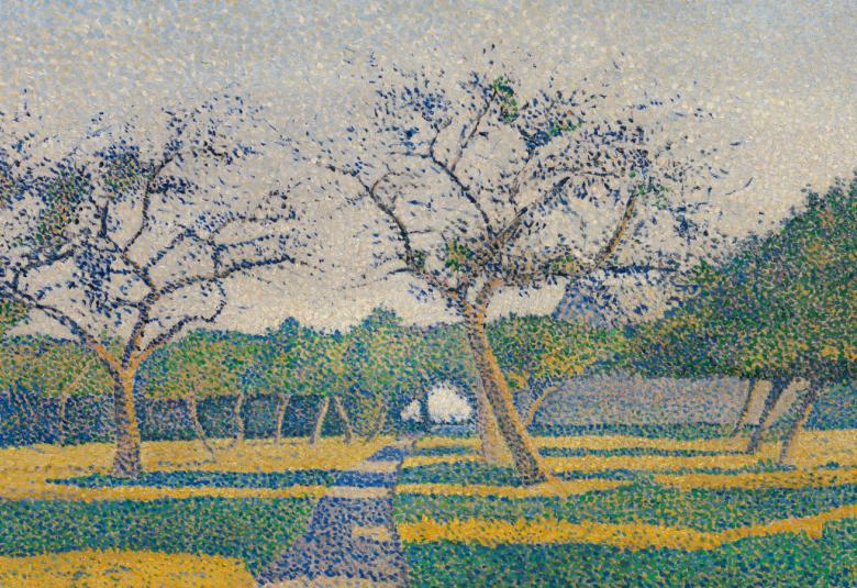 Kuvassa on puiston puita, joissa on sinisiä kukkia ja maassa keltaisia  ja vihreän sinisiä alueita.  Koko teos on pilkutettua väreillä.