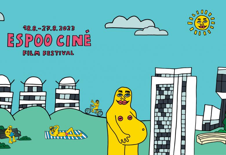 Kuvassa on Espoo Cinen juliste, jossa on piirroksena sinistä taivasta ja alla on vihreitä kumpuja, joiden päällä on kolme musta-valkoista kerrostaloa. Edissa on kesänviettäjiä ja oikealla edessä keltainen muumimainen hahmo raskaana.  Hänen vieressään korkea kerrostalo ja konserttitalon muunnos.