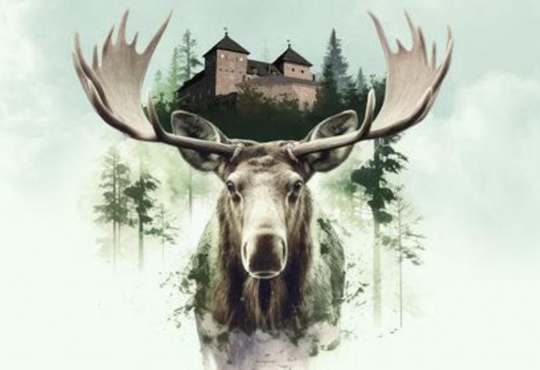 Kuvassa on graafisena esityksenä hirvi pää puoleta ja tausta on valkoinen ja vaalean vihreä.  Pään päällä on ruskea Hämeen linna ja hirven sivuilla muutamia kuusia.