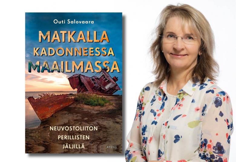 Kuvassa on vasemmalla kirjan kansi ja oikealla Outi Salovaara oikealla vakoisella pohjalla kukkallisessa puserossa.
