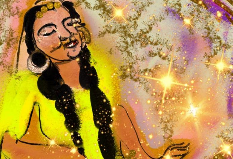 Kuvassa on keltaisella pohjalla maalattu mustalettinen Anitra tanssimassa. Ympärillä on vaalean punaista ja kultauksia siellä täällä.