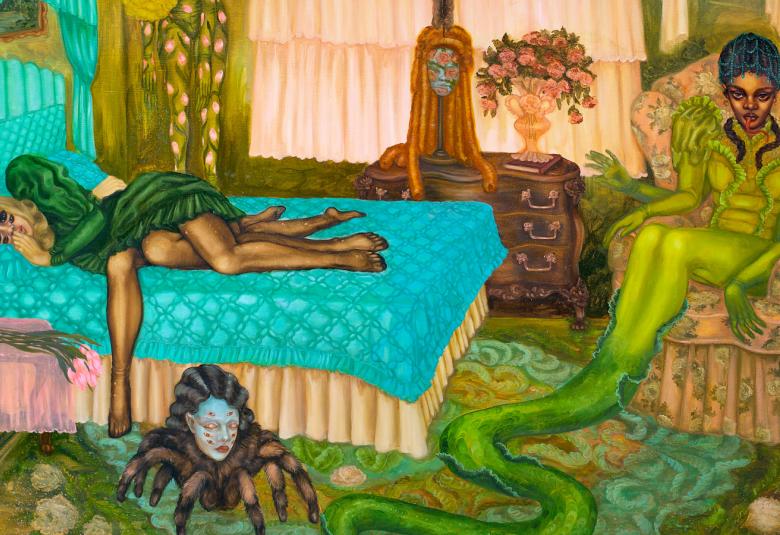 Kuvassa on huone, jossa on naisolentoja, joista yksiturkoosin värisellä peitolla sängyssä. Vihreällä matolla on iso skorpioni, jolla on naisen pää. Tuolilla on naishahmo, jolla on pitkä vihreä kapeneva häntä. Huone on koristeellinen.