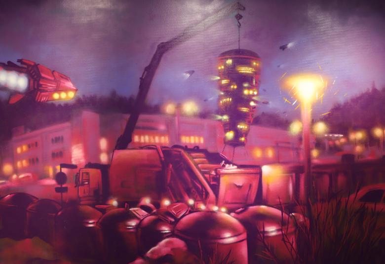 Kuvassa on hiukan pullisteleva kaupunkimiljöö, joka on punasävyinen.  Keskikohdalla on nosturi ja edessä on säiliöitä.