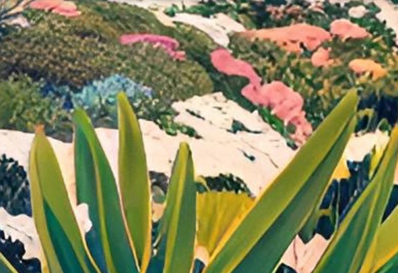 Kuvassa on luontoa, kukkia ja vihreitä pystyssä olevia palmun oksia eri väreissä.