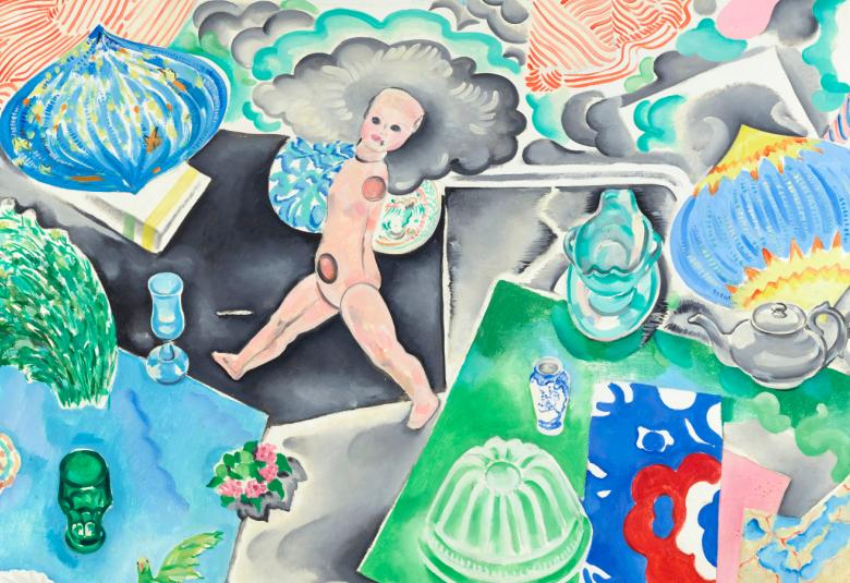 Kuvassa on vaaleita värejä ja keskellä leijuva pieni mies.  Kuvassa on erilaisia pieniä esineitä.