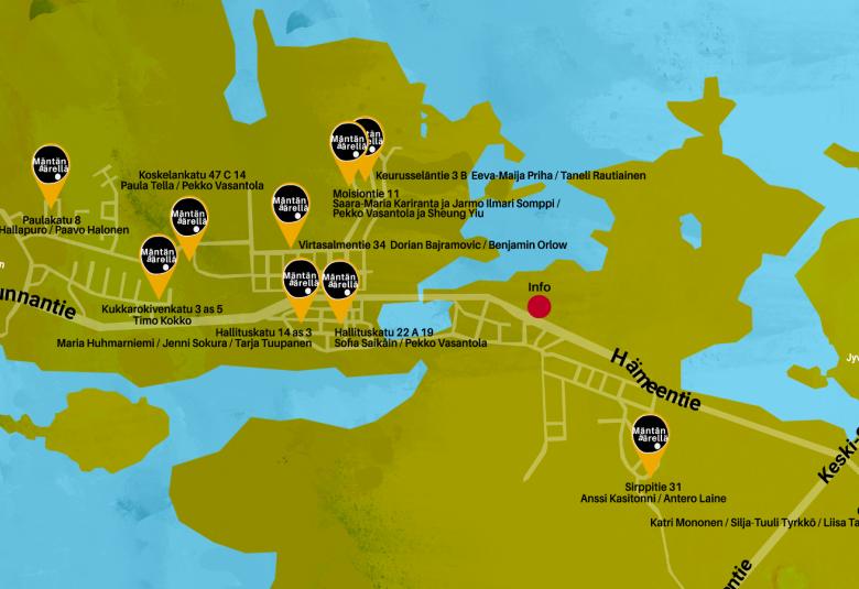 Kuvassa on Mäntän keskusta-alueen piirroskartta, jossa on vihreällä maa-aluetta ja sinisellä vesistöä.  Menee salmi ja järveä on molemmin puolin maa-alueita.