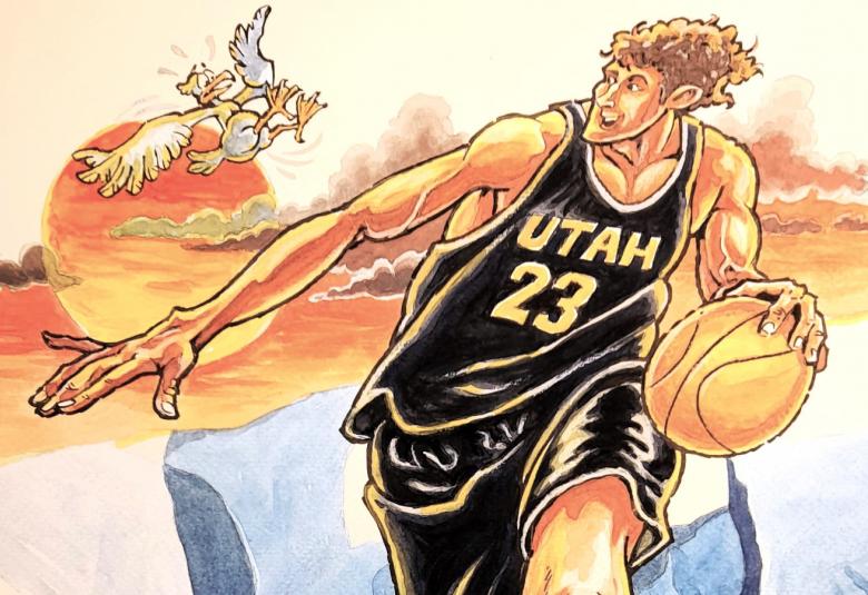 Kuvassa on karikatyyri Lauri Markkasesta, joka on vinosti kuljettamassa palloa.  Mustassa paidassa lukee Utah 23 Takana on oranssia erämaata ja pallo, jonka päällä on kaatuva lintu.