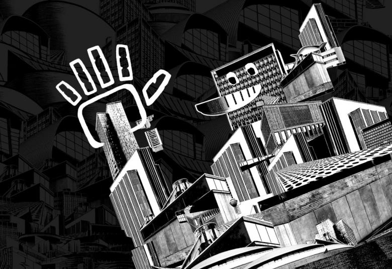 Kuvassa on piirroskuvia rakennuksistä päälekkäin ja sivuttain pääkaupunkiseudulta.  Yhdestä rakennuksesta muodostuvat kasvot ja käsi, joka tervehtii.