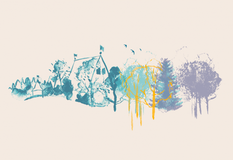 Kuvassa on vaalealla pohjalla vesivärityönä Espoon kirkko ja vaaleita vihertäviä, sinertäviä ja punertavia lehtipuita. Kuva on Urkuyön ja aarian juliste.