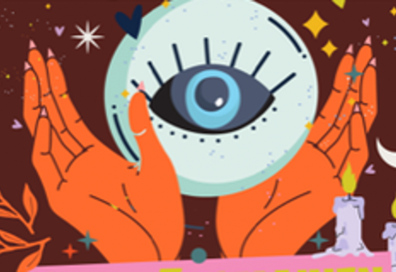 Kuvassa on ruskealla pohjalla piirroskuva, jossa on oranssit kädet levitetyttynä ja välissä on vaalea lasikuula, jossa on silmä.