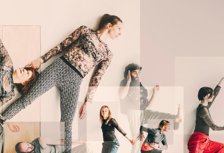 Kuvassa on tanssijoita vaalean ruskealla ja ruskealla pohjalla ruutuja kollaasimaisesti. Ruuduissa on erilaisia tanssiasentoja. Oikealla on tanssija vinottaisessa nojassa. Tanssijoiden vaatteet ovat harmaan sinertäviä ja yhdessä on punaiset housut.