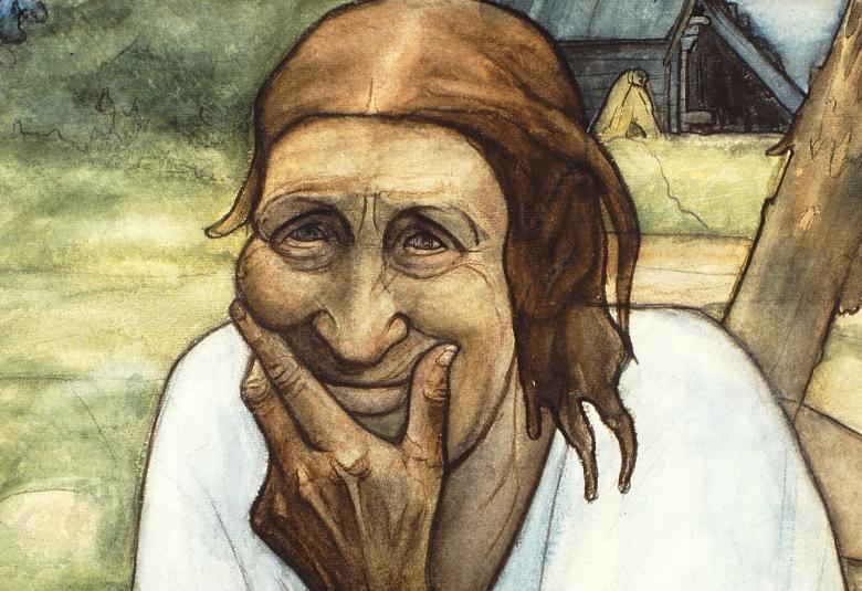 Kuvassa on Hauta-Heikin mummo -teos, jossa mummo istuu ja pitää vasemman käden sormia leuassaan. Taustalla on hirsirakennus ja sen edessä vihertävää peltoa.