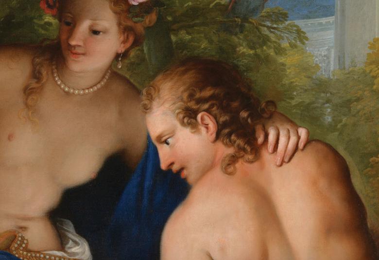 Kuvassa on taideteos, jossa on melko alaston nainen kurottamassa selin olevaa alaston selkäistä miestä.