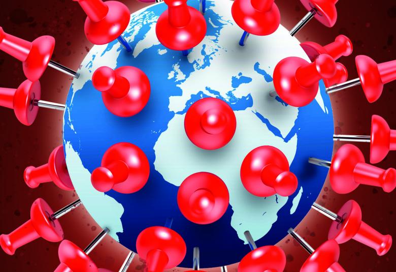 Kuvassa on taustalla sinivalkoinen maapallo ja sen päällä punaisia paksupäisiä nuppineuloja tasaisesti ympäri maapalloa. Kuva on osa kirjan kannesta.