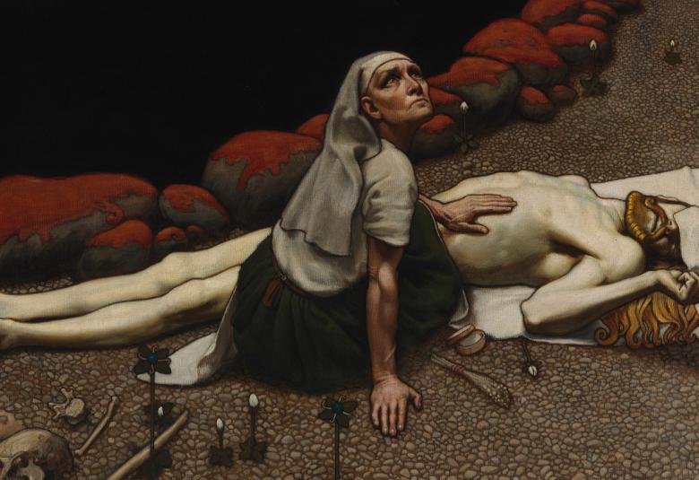 Kuvassa on Lemminkäisen äiti kuolleen maassa makaavan alastoman poikansa vierellä.  Yläosa on tummaa ja maassa on joitakin kiviä ja esineitä. 