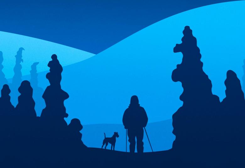 Kuvassa on osa kirjan kannesta.  Siinä on vaalean sinisisä, keskisinisiä ja tumman sinisiä tuntureita piirroskuvina.  Alaosassa on tumman sinisellä harvaa metsäprofiilia ja sen keskellä on hiihtäjä ja koira takaapäin.