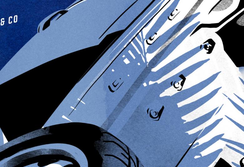 Kuvassa on osa kirjan kannesta ja siinä näkyy piirroksena osaa nurin menneestä autosta. Kuvassa on sinistä, harmaata ja valkoista.