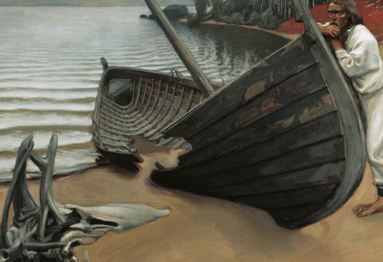 Kuvassa on rannalla rikkoutunut suuri soutuvene ja siitä pitelee kiinni oikealta laidalta mies valkoisessa pellavapuvussa. Kuvan sävy on ruskehtava.