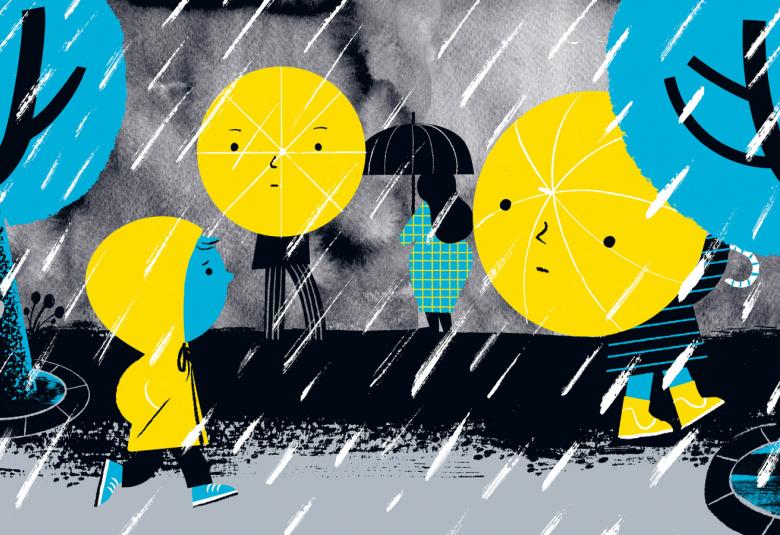 Kuvassa on lastenkirjan kuvitus, jossa pyöreitä hahmoja. Niillä on kahdella keltainen pallopää. Vasemmalla on mustarankainen puu, jossa on sininen pallo. Edessä kävelee keltaisessa sadetakissa lapsi.  Kuvassa sataa. Kuvan värit ovat musta, harmaa, vaalean sininen ja keltainen.