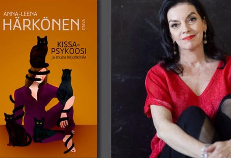 Vasemmalla on kuva kirjan kannesta.  Siinä on ruskehtavalla pohjalla nuori nainen istumassa lattialla ja hänen edessään on kaksi mustaa kissaa sekä pään päällä  ja käden päällä mustat kissat. Mustat teipit on jalkojen ja silmien ympärillä. Oikealla on Anna-Leena Härkönen istumassa lattialla ja hän pitää koukistettujen säärten ympärillä käsiään. Hänellä on päällään punainen pusero. 
