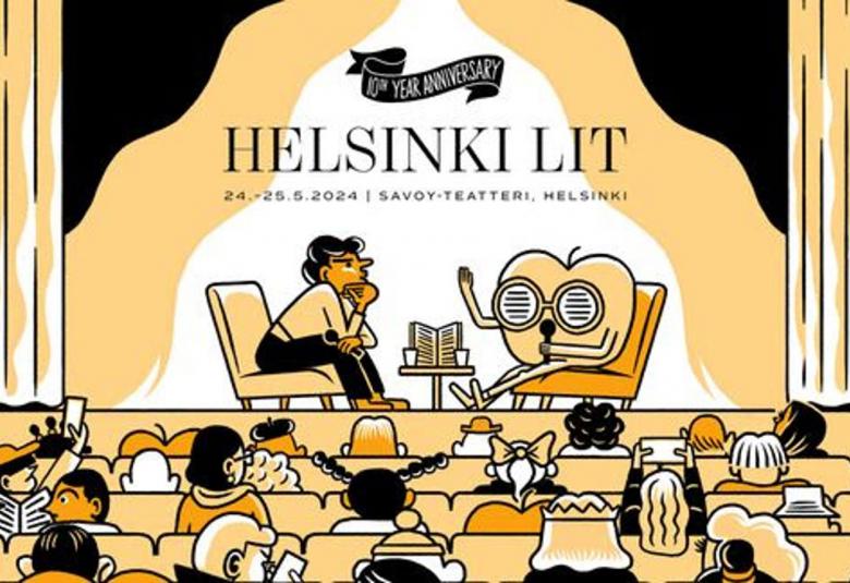 Kuvassa on kelta-mustana graafinen kuva, jossa on takaa päin alhaalla yleisöä.  Ylempänä on näyttämö, jossa vasemmalla istuu henkilö, jota haastattelee olento mikki kädessään.  Pääon iso pönttömäinen ja jossa on kaksi isoa silmää. Päällä lukee Helsinki Lit tietoinen.