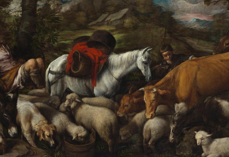 Kuvassa on alimpana lampaita ja keskellä on valkoinen hevonen ja vieressä ruskea lehmä. Lampaiden keskellä on ajokoira ja vieressä aasi. Paimen on vasemmalla nukkumassa puun juurella. Kuvan sävy on tumma.