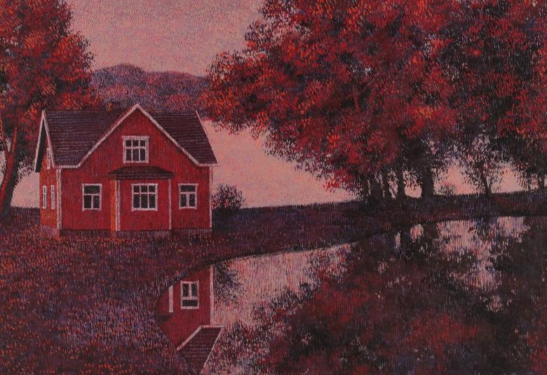 Kuvassa on Kateryna Yehorovan maalaus, jossa on punainen talo kahden veden välissä ja se heijastuu edessä olevaan veteen toisesta kulmastaan.  Molemmilla puolilla on ruskehtavat lehtipuut.  