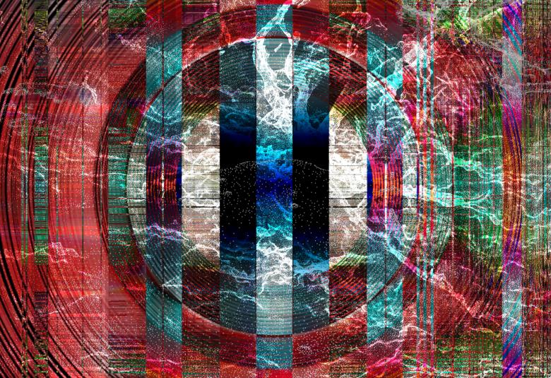 Kuvassa on kuohuvaa merta taustalla ja päällä raidoitettuaja punaisia pystysuoria pylväitä ja toiseen suuntaan ympyröitä.  Kesellä on sinertäviä värejä.